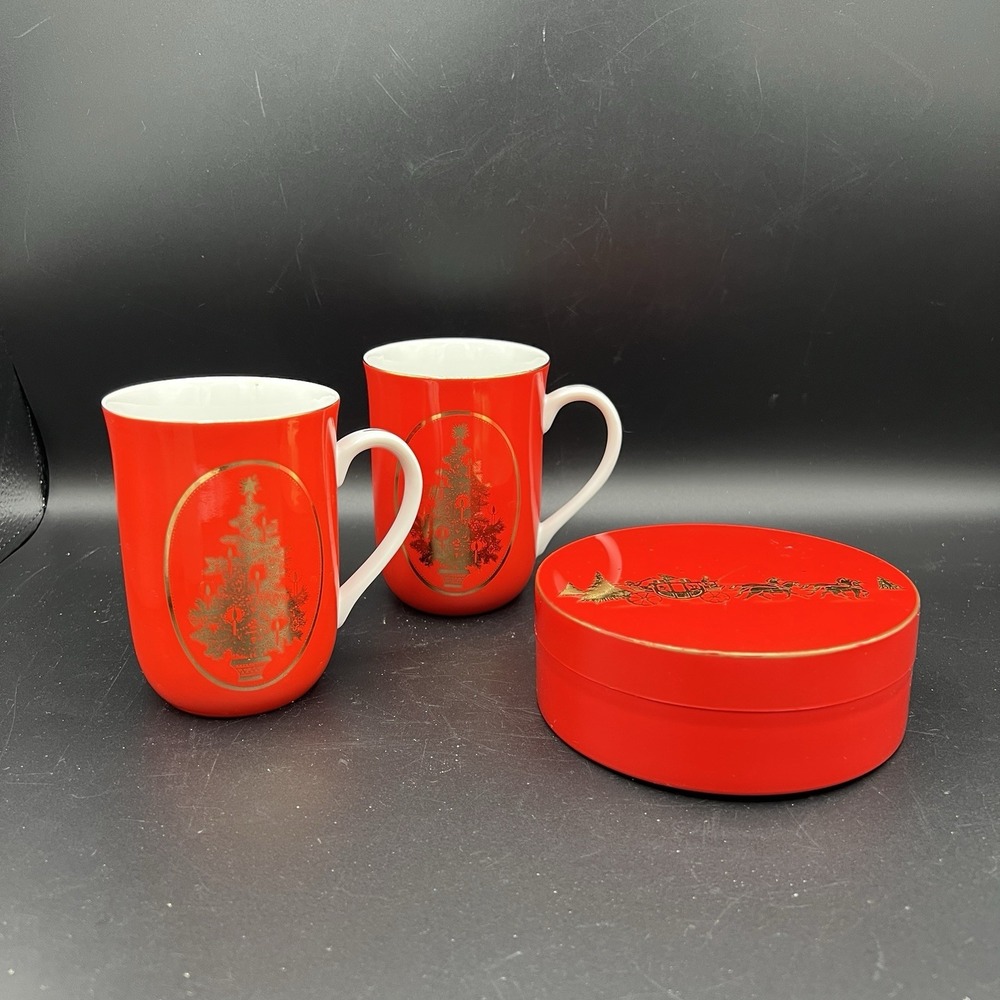 Otagiri Red Gold Mugs & Coasters Christmas‎ Tree Horses Carriage Gibson Holiday